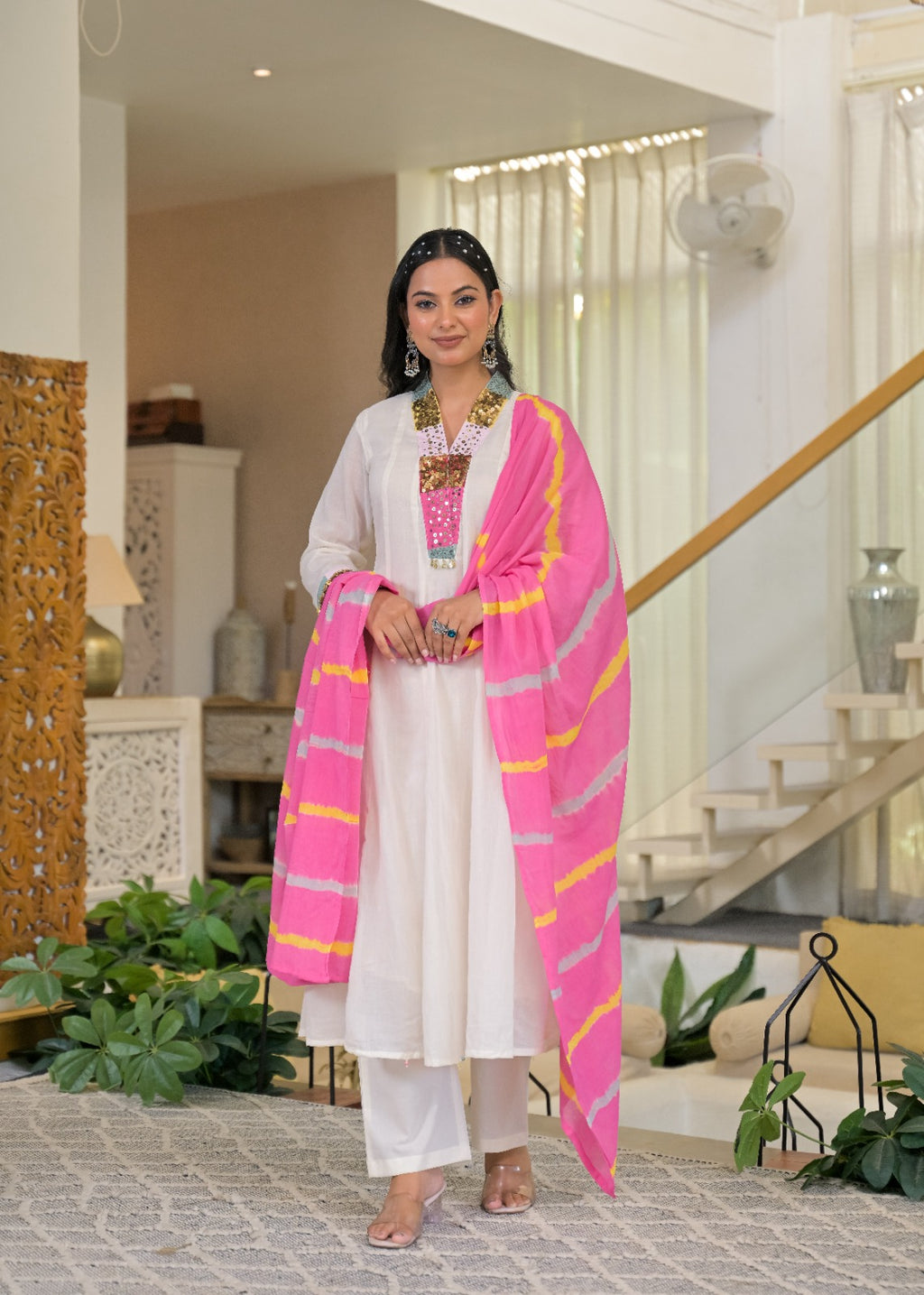 Classic Ivory White Multicolor Rajasthani Embellished V-Neck Mul-Cotton Anarkali Full Suit Set With Dupatta- 15315