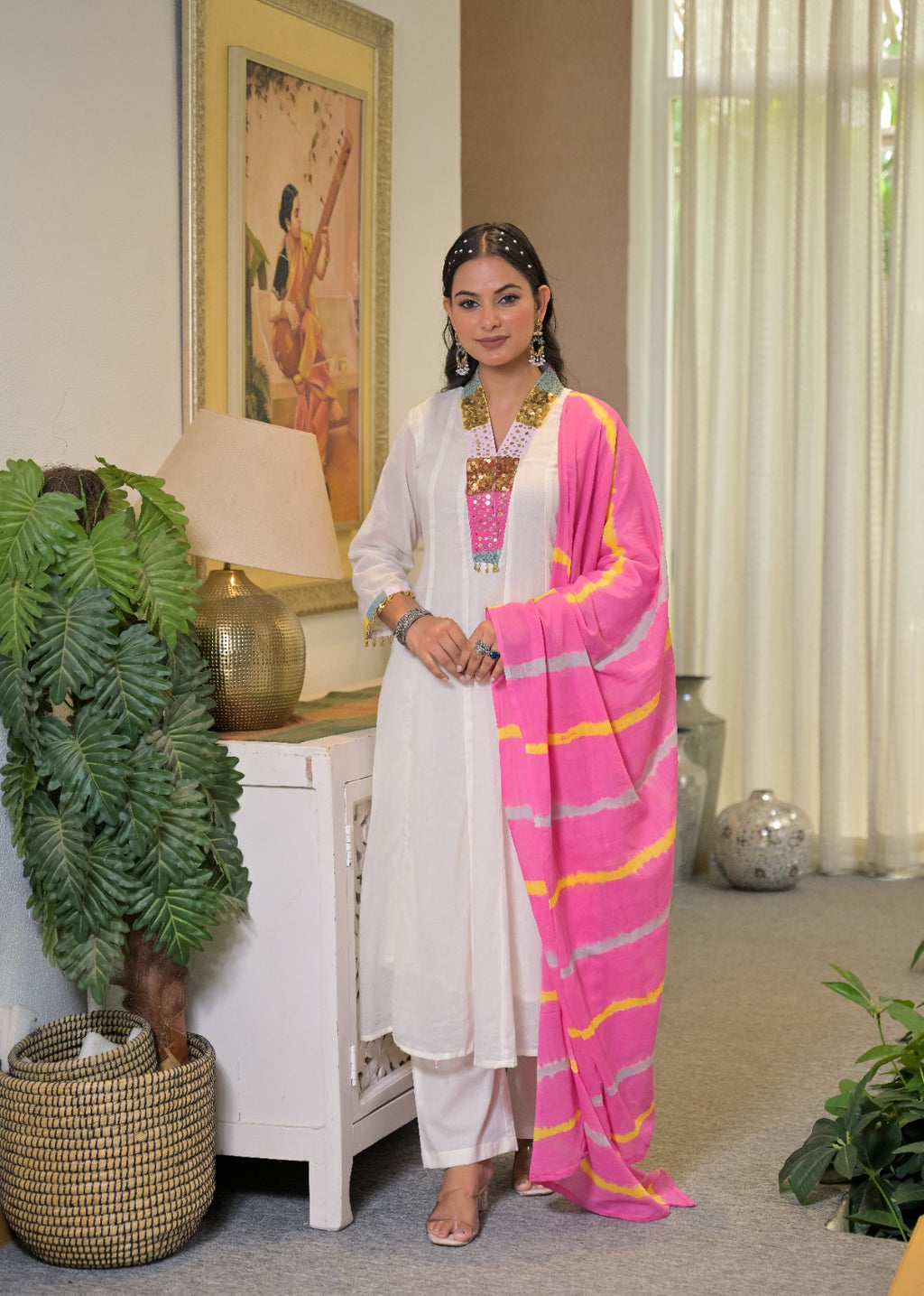 Classic Ivory White Multicolor Rajasthani Embellished V-Neck Mul-Cotton Anarkali Full Suit Set With Dupatta- 15315