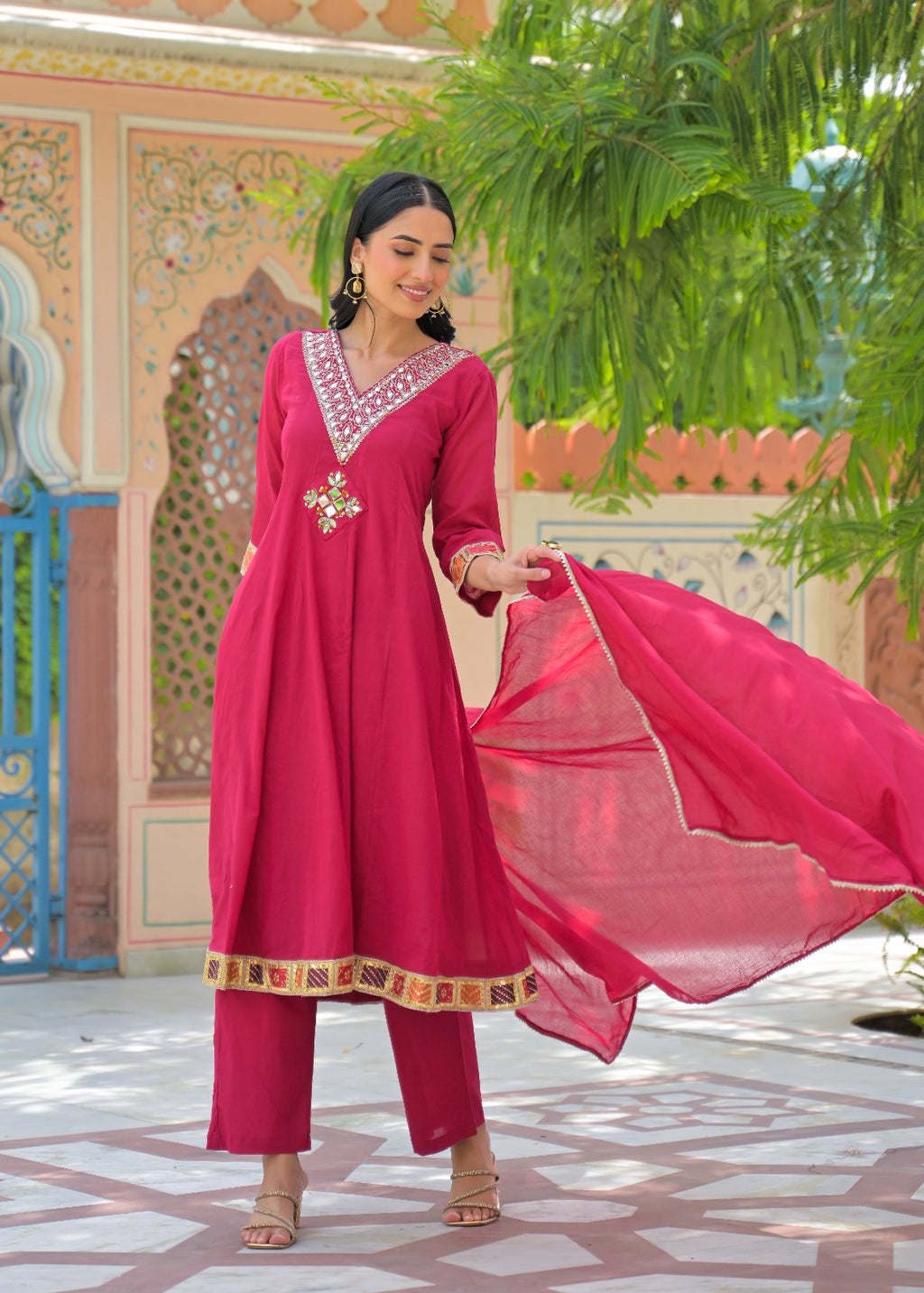 Vibrant Maroon Real Mirror V-Neck Embroidered Mul-Cotton Panel Anarkali Full Suit Set With Dupatta- 15324