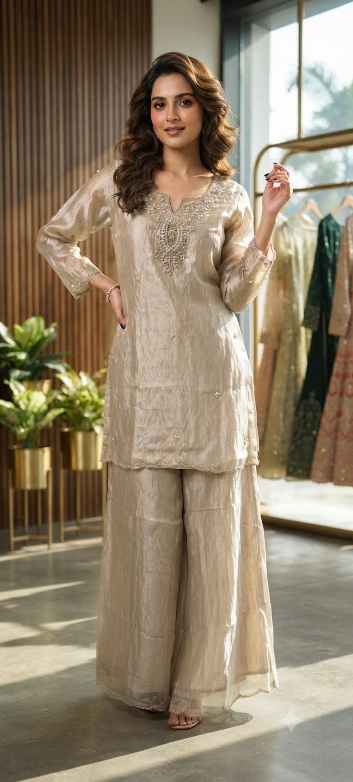 Elegant Hand Embroidery Yoke Crush Tissue Co-Ord Set With Palazzo Bottom- 15393