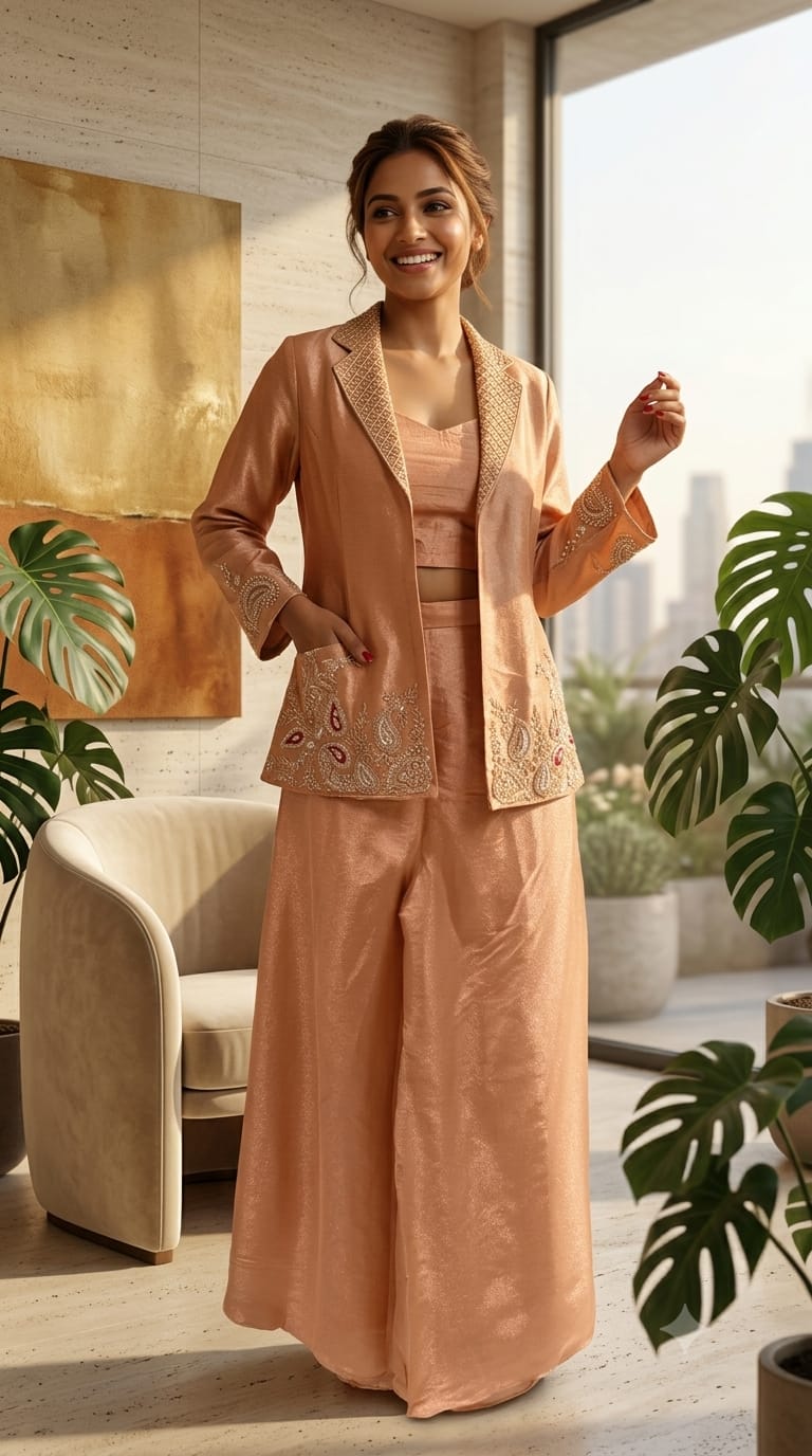 Mango Buti Cut-Dana Elegant Embroidery Work Jacket Style Tissue Co-Ord Set- 15368