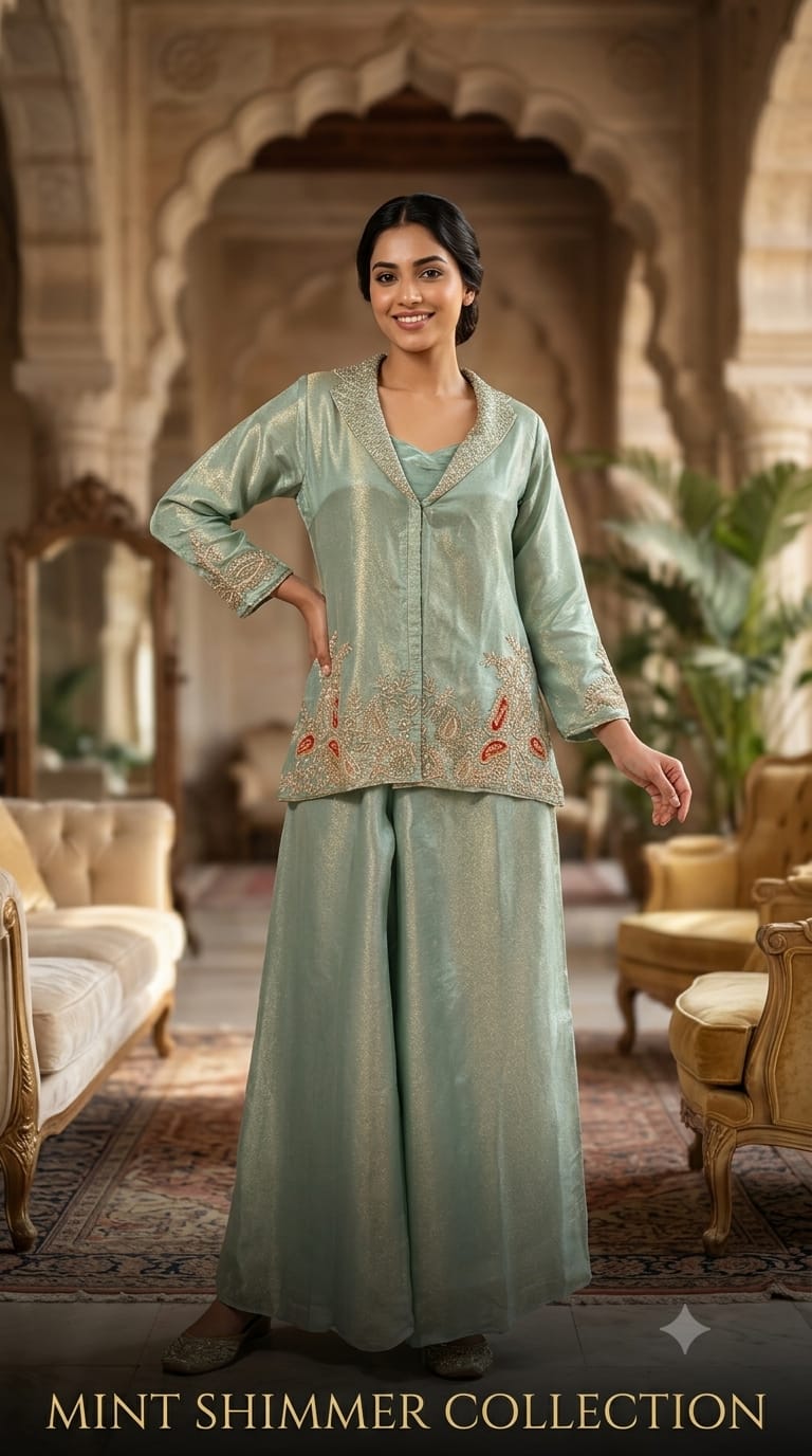 Mango Buti Cut-Dana Elegant Embroidery Work Jacket Style Tissue Co-Ord Set- 15368
