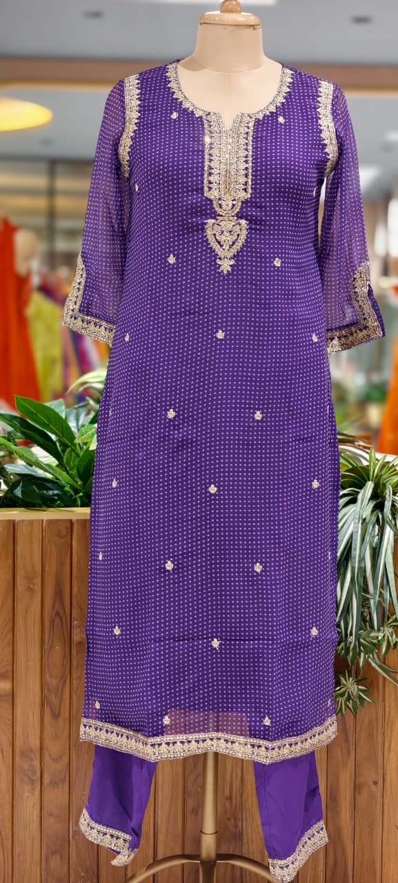 Dotted Bandhej Print Zardosi Neckline Poly Georgette Full Suit Set With Dupatta- 15331