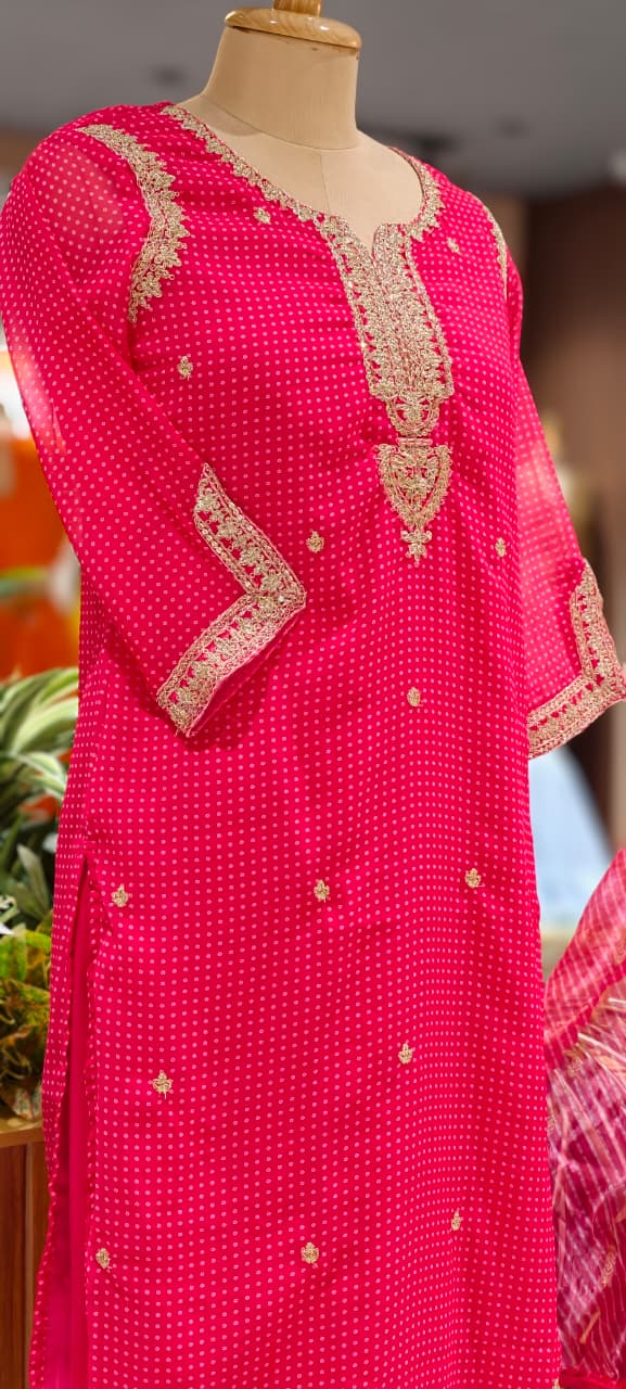Dotted Bandhej Print Zardosi Neckline Poly Georgette Full Suit Set With Dupatta- 15331