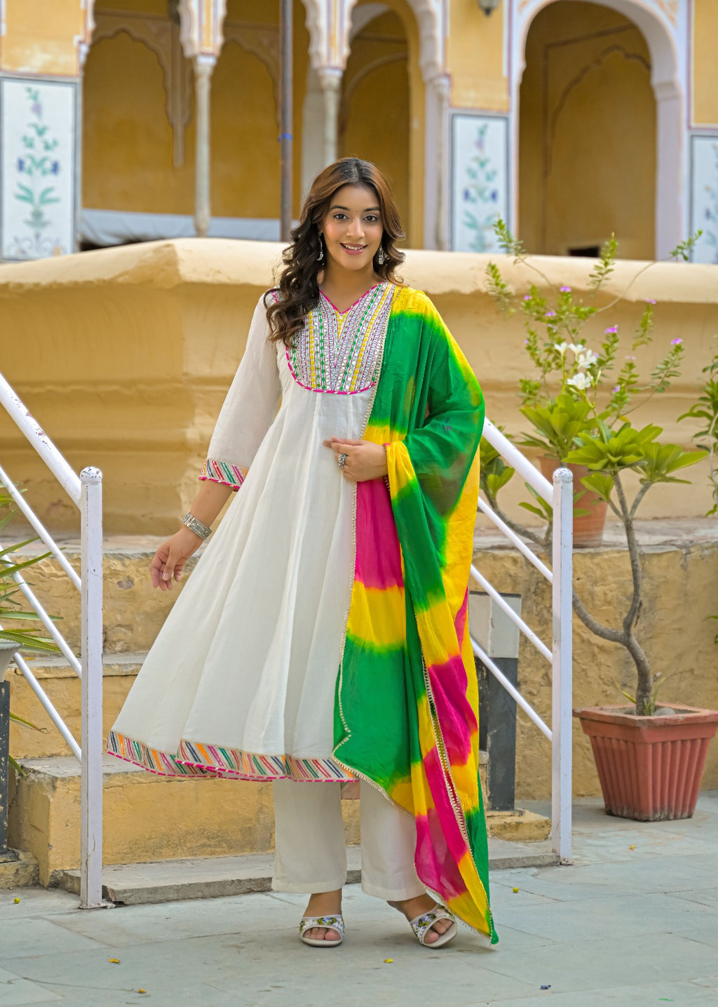 Classic Off-White Multicolor Yoke Mirror Work Ethnic Mul Cotton Panel Anarkali Full Suit Set With Dupatta- 15261