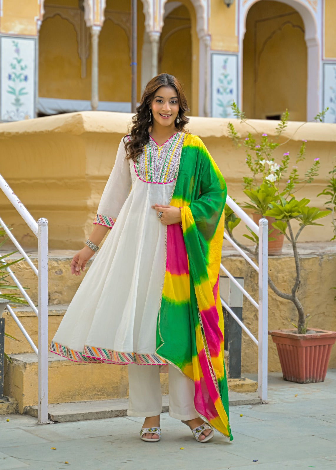 Classic Off-White Multicolor Yoke Mirror Work Ethnic Mul Cotton Panel Anarkali Full Suit Set With Dupatta- 15261