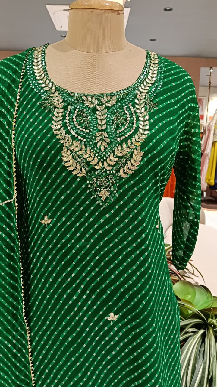 Elegant Traditional Gotta Embroidered Leheriya Pattern Semi Georgette Full Suit Set With Dupatta- 15118