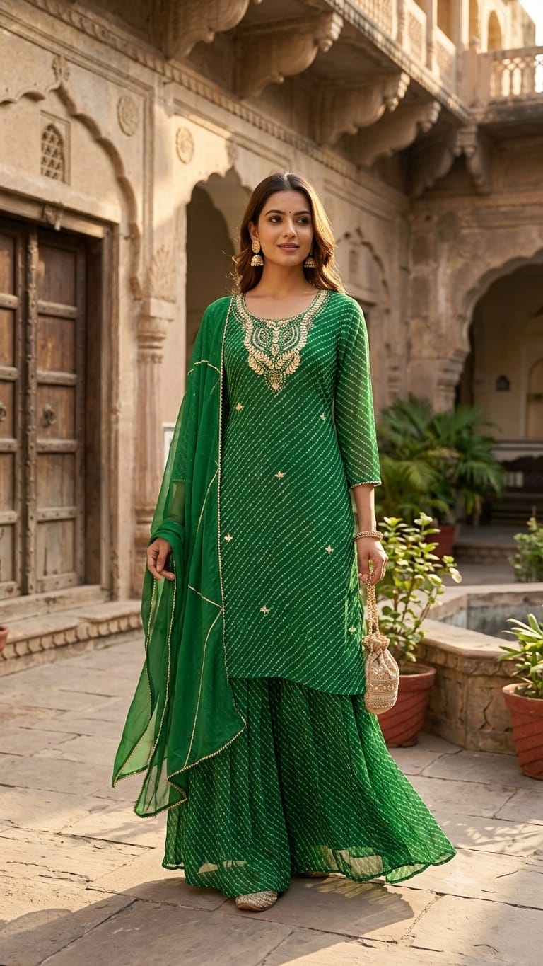 Elegant Traditional Gotta Embroidered Leheriya Pattern Semi Georgette Full Suit Set With Dupatta- 15118