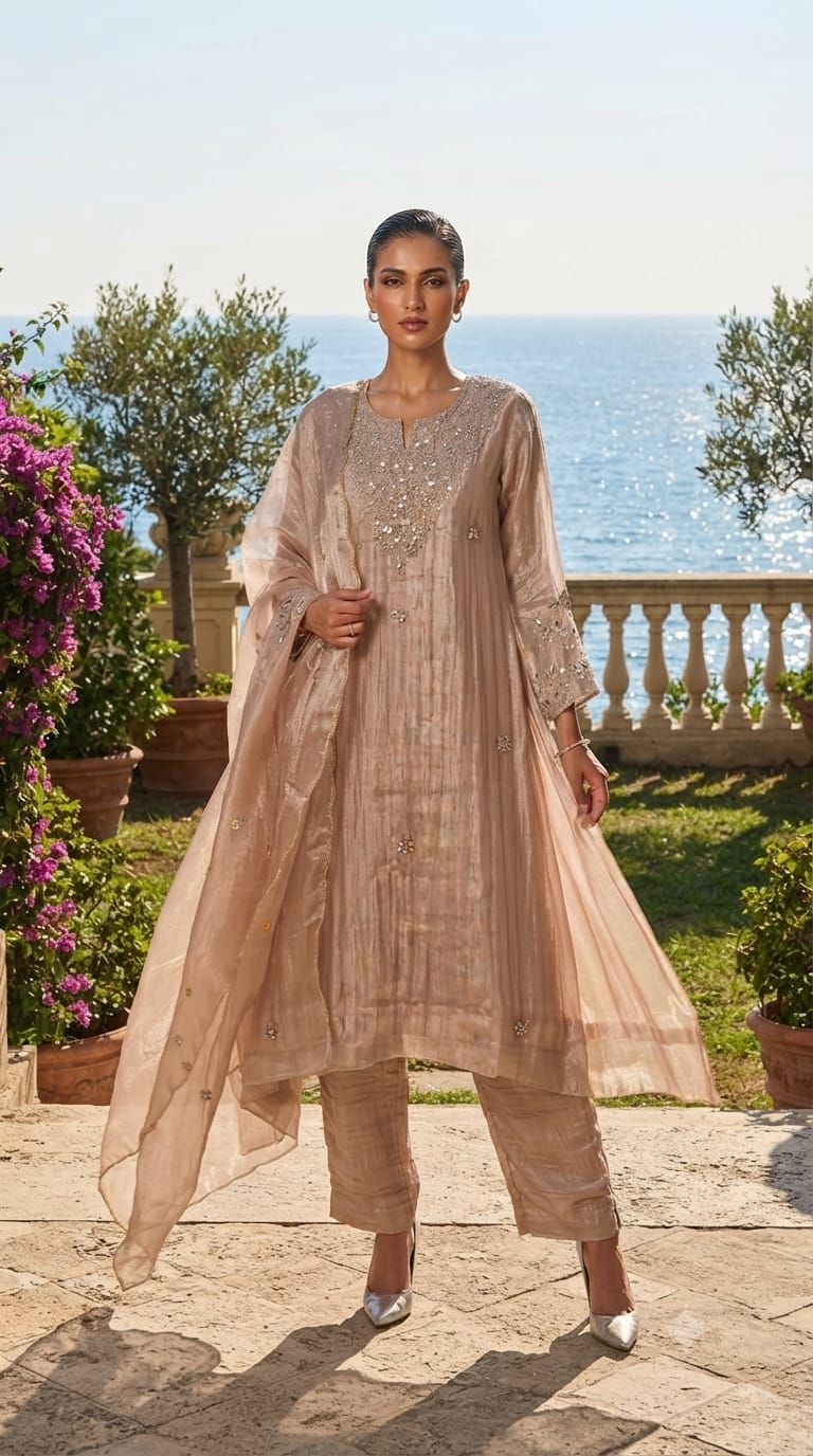 Mirror & Beadwork Yoke Rose-Gold Shimmer Crushed Tissue Full Suit Set with Dupatta- 15391