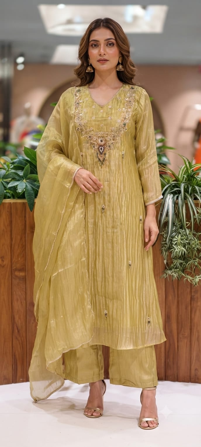 Jewel Highlight Zardosi Embroidered Golden Glow Crush Tissue Full Suit Set With Dupatta- 15395