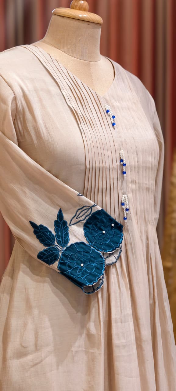 Bold Floral Applique Cut-Work Pleated A-Line Mul-Chanderi Full Suit Set With Dupatta- 14561