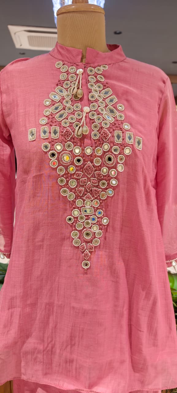 Mul-Chanderi Real Mirror Intricate Embroidery With Shell Detailing Co-Ord Set- 15398