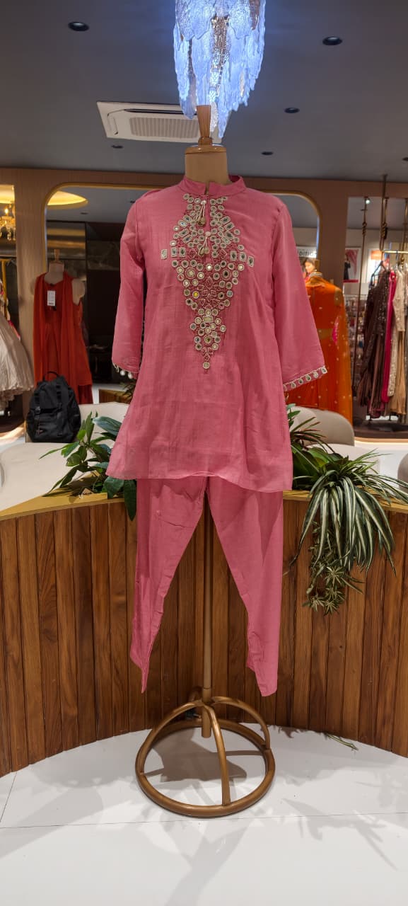 Mul-Chanderi Real Mirror Intricate Embroidery With Shell Detailing Co-Ord Set- 15398