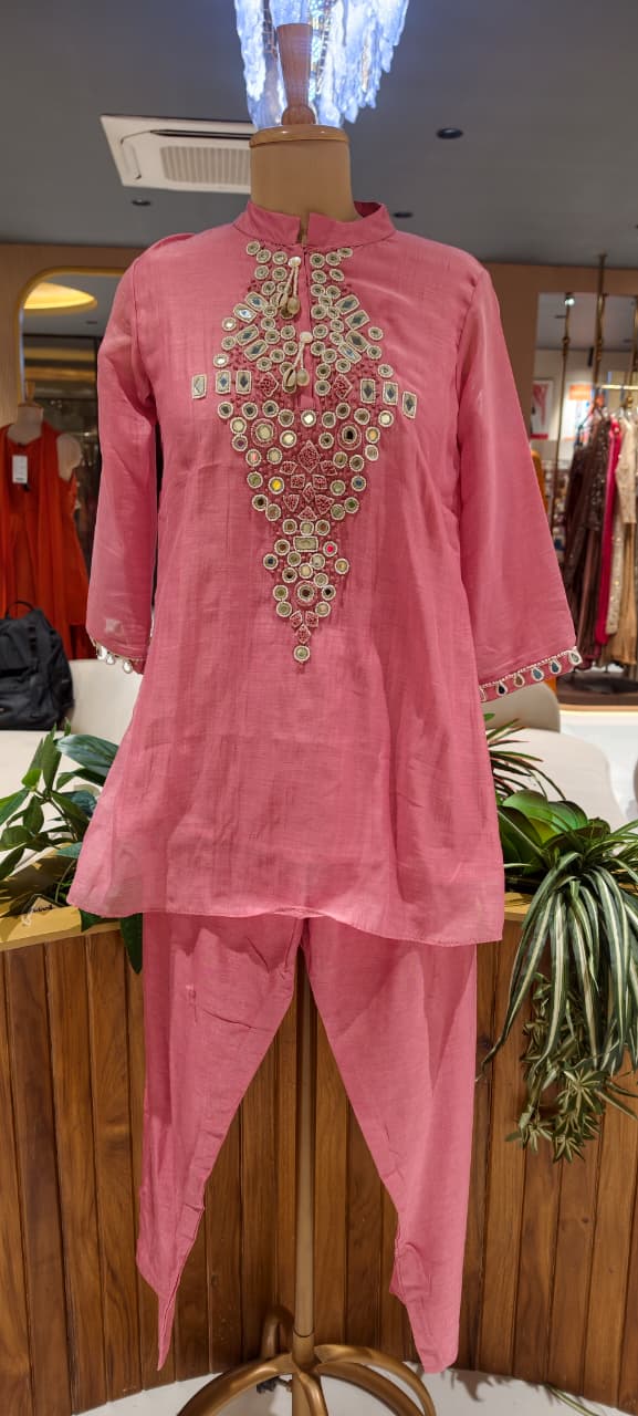 Mul-Chanderi Real Mirror Intricate Embroidery With Shell Detailing Co-Ord Set- 15398