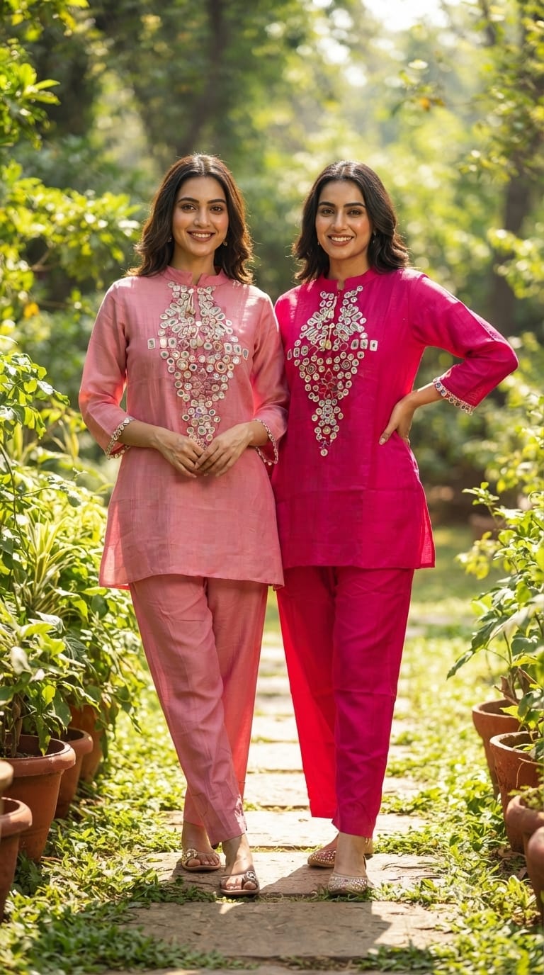 Mul-Chanderi Real Mirror Intricate Embroidery With Shell Detailing Co-Ord Set- 15398