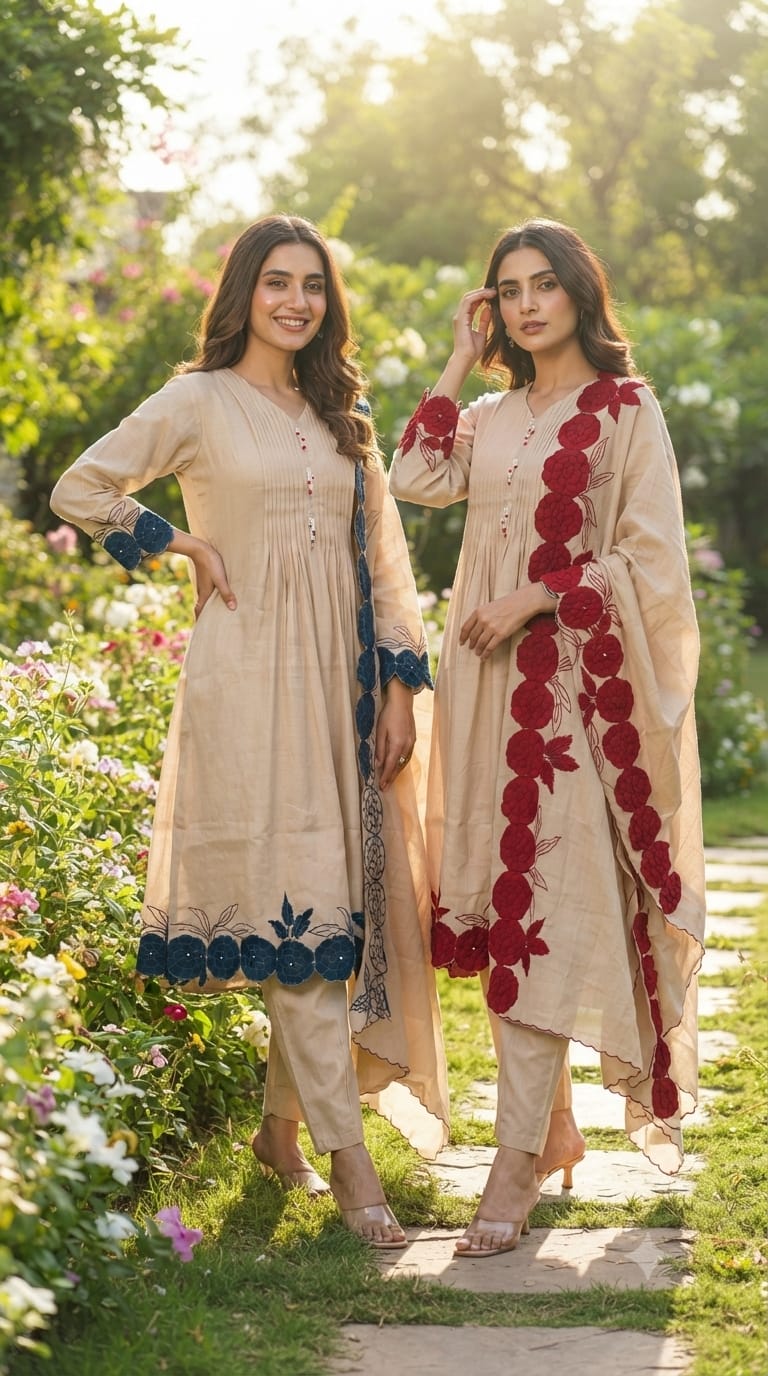 Bold Floral Applique Cut-Work Pleated A-Line Mul-Chanderi Full Suit Set With Dupatta- 14561