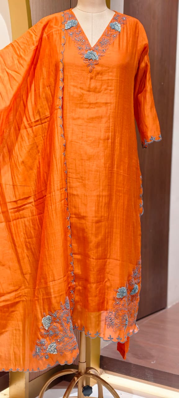 Crochet Thread Embroidered V-neck A-Line Mul-Chanderi Full Suit Set With Dupatta- 15400