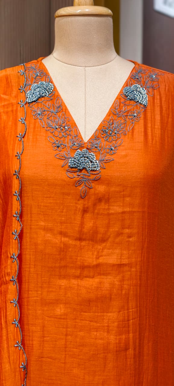 Crochet Thread Embroidered V-neck A-Line Mul-Chanderi Full Suit Set With Dupatta- 15400