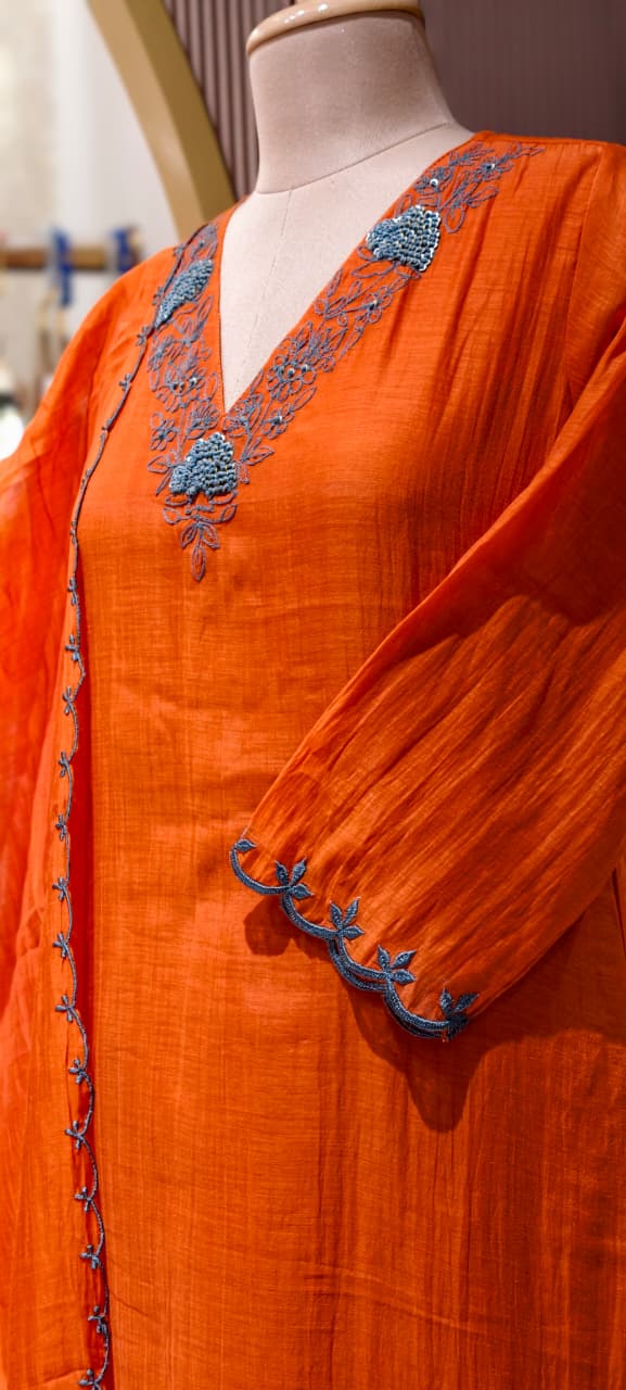 Crochet Thread Embroidered V-neck A-Line Mul-Chanderi Full Suit Set With Dupatta- 15400