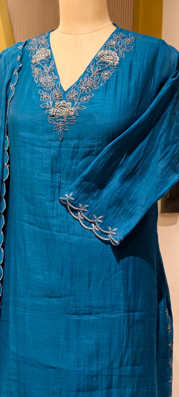 Crochet Thread Embroidered V-neck A-Line Mul-Chanderi Full Suit Set With Dupatta- 15400