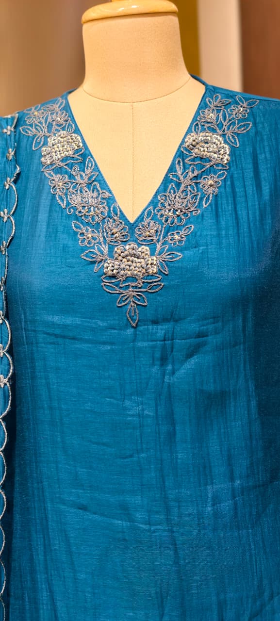 Crochet Thread Embroidered V-neck A-Line Mul-Chanderi Full Suit Set With Dupatta- 15400