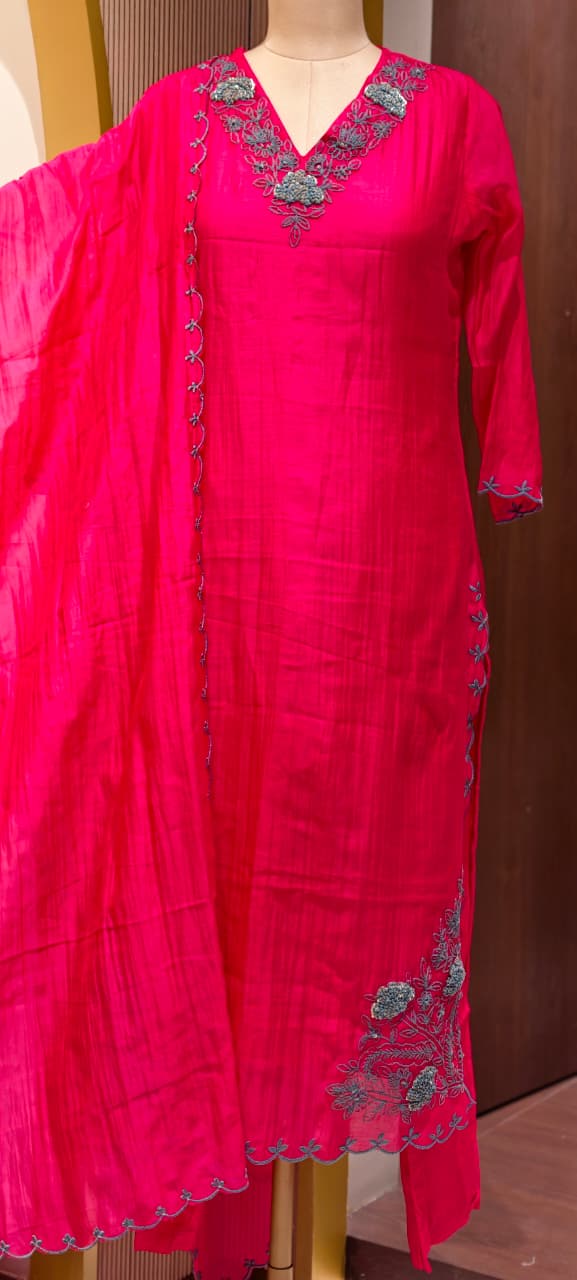 Crochet Thread Embroidered V-neck A-Line Mul-Chanderi Full Suit Set With Dupatta- 15400