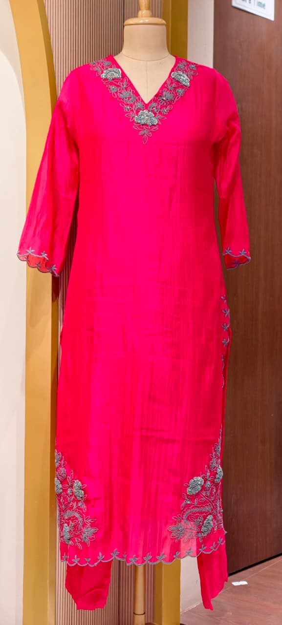 Crochet Thread Embroidered V-neck A-Line Mul-Chanderi Full Suit Set With Dupatta- 15400