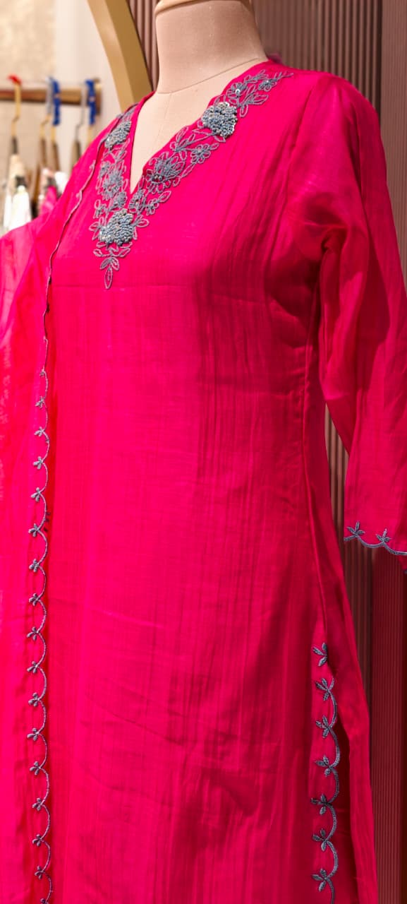 Crochet Thread Embroidered V-neck A-Line Mul-Chanderi Full Suit Set With Dupatta- 15400