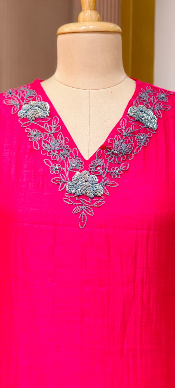 Crochet Thread Embroidered V-neck A-Line Mul-Chanderi Full Suit Set With Dupatta- 15400