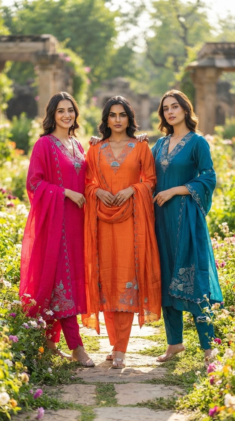 Crochet Thread Embroidered V-neck A-Line Mul-Chanderi Full Suit Set With Dupatta- 15400