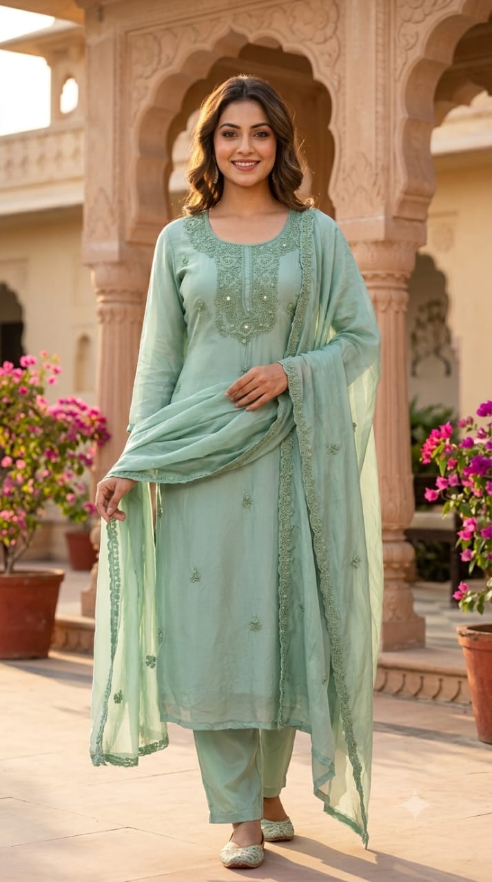 Foil Mirror Detailing Chikankari Embroidered Yoke Solid Organza Full Suit Set With Dupatta- 15376