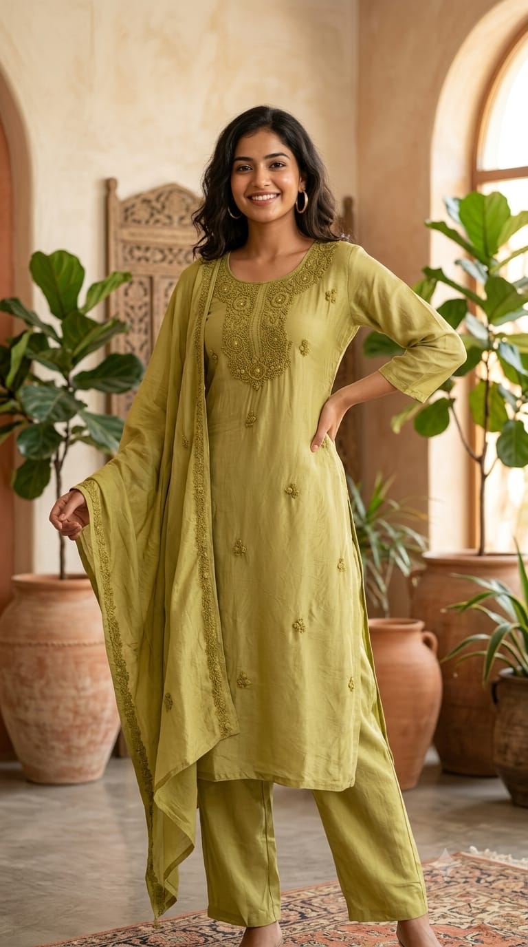 Foil Mirror Detailing Chikankari Embroidered Yoke Solid Organza Full Suit Set With Dupatta- 15376