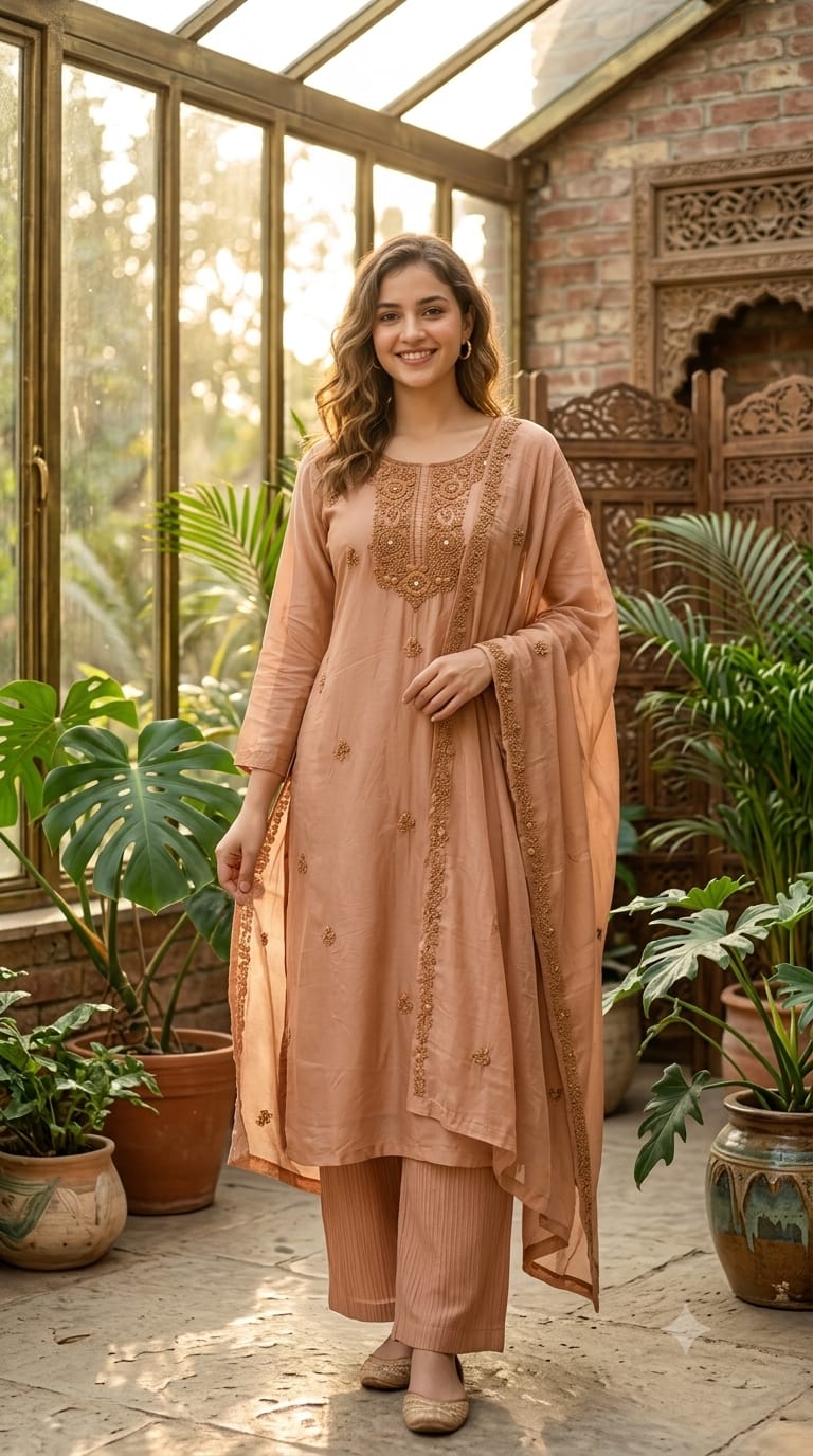 Foil Mirror Detailing Chikankari Embroidered Yoke Solid Organza Full Suit Set With Dupatta- 15376