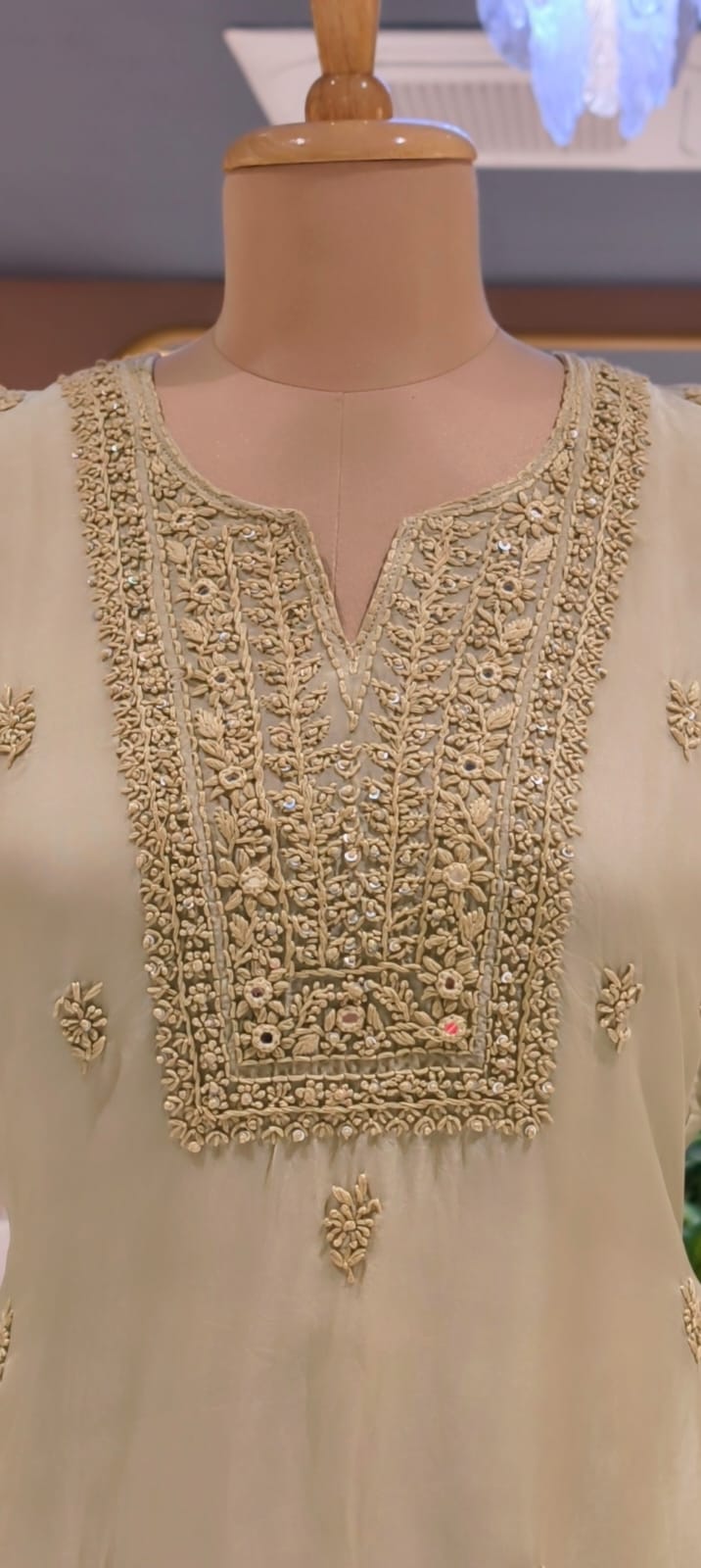 Foil Mirror Detailing Chikankari Embroidered Yoke Solid Organza Full Suit Set With Dupatta- 15376