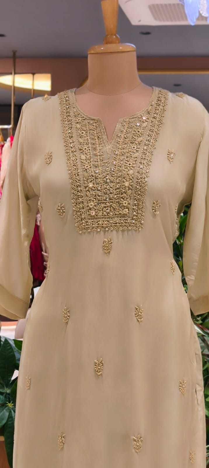 Foil Mirror Detailing Chikankari Embroidered Yoke Solid Organza Full Suit Set With Dupatta- 15376