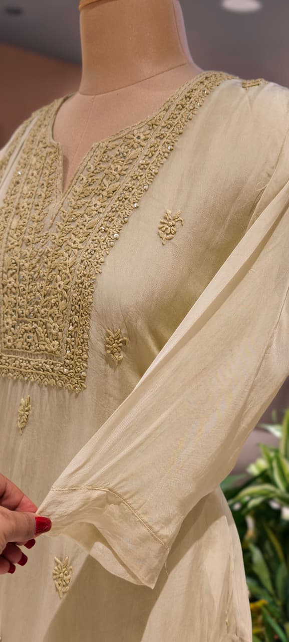 Foil Mirror Detailing Chikankari Embroidered Yoke Solid Organza Full Suit Set With Dupatta- 15376