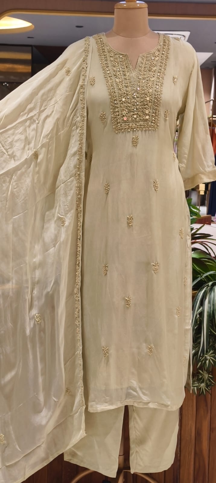 Foil Mirror Detailing Chikankari Embroidered Yoke Solid Organza Full Suit Set With Dupatta- 15376