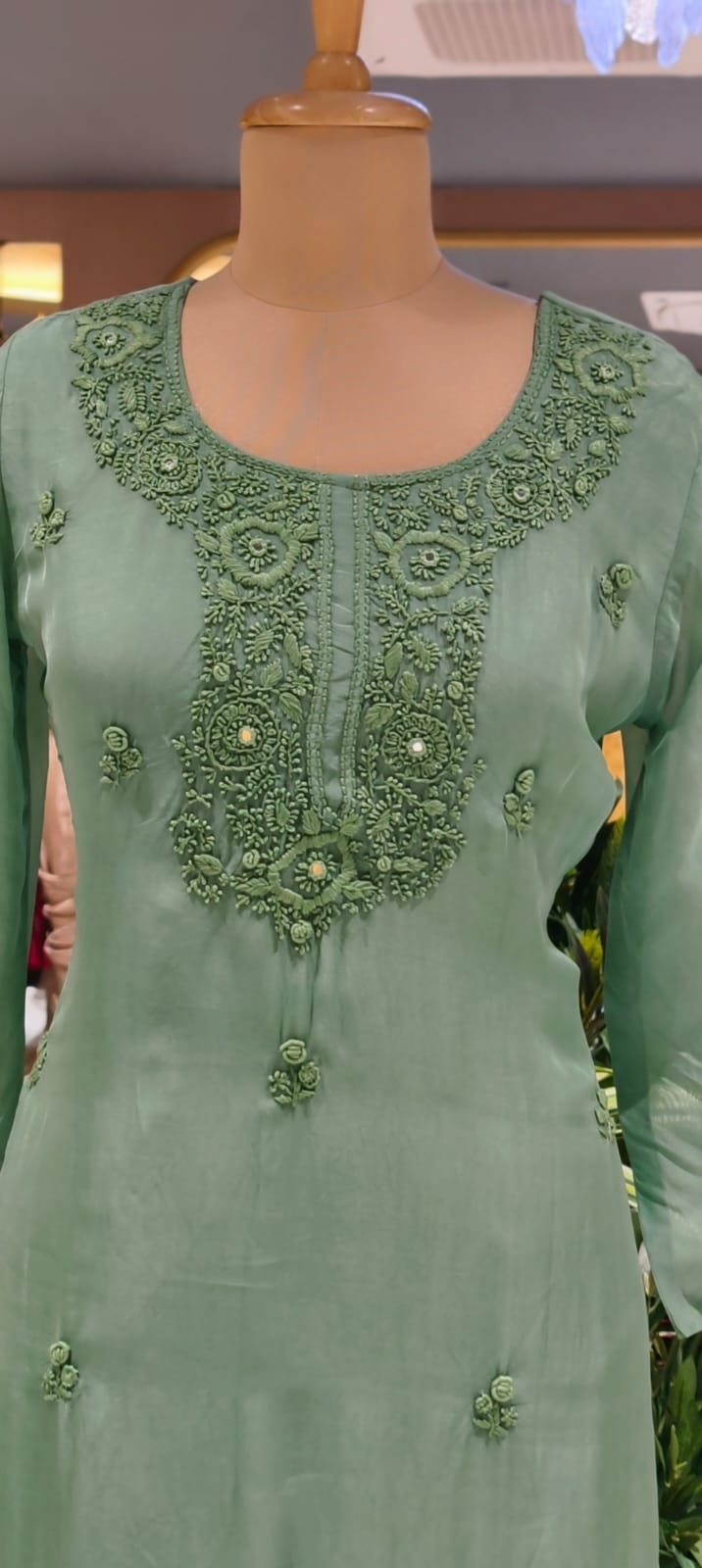 Foil Mirror Detailing Chikankari Embroidered Yoke Solid Organza Full Suit Set With Dupatta- 15376