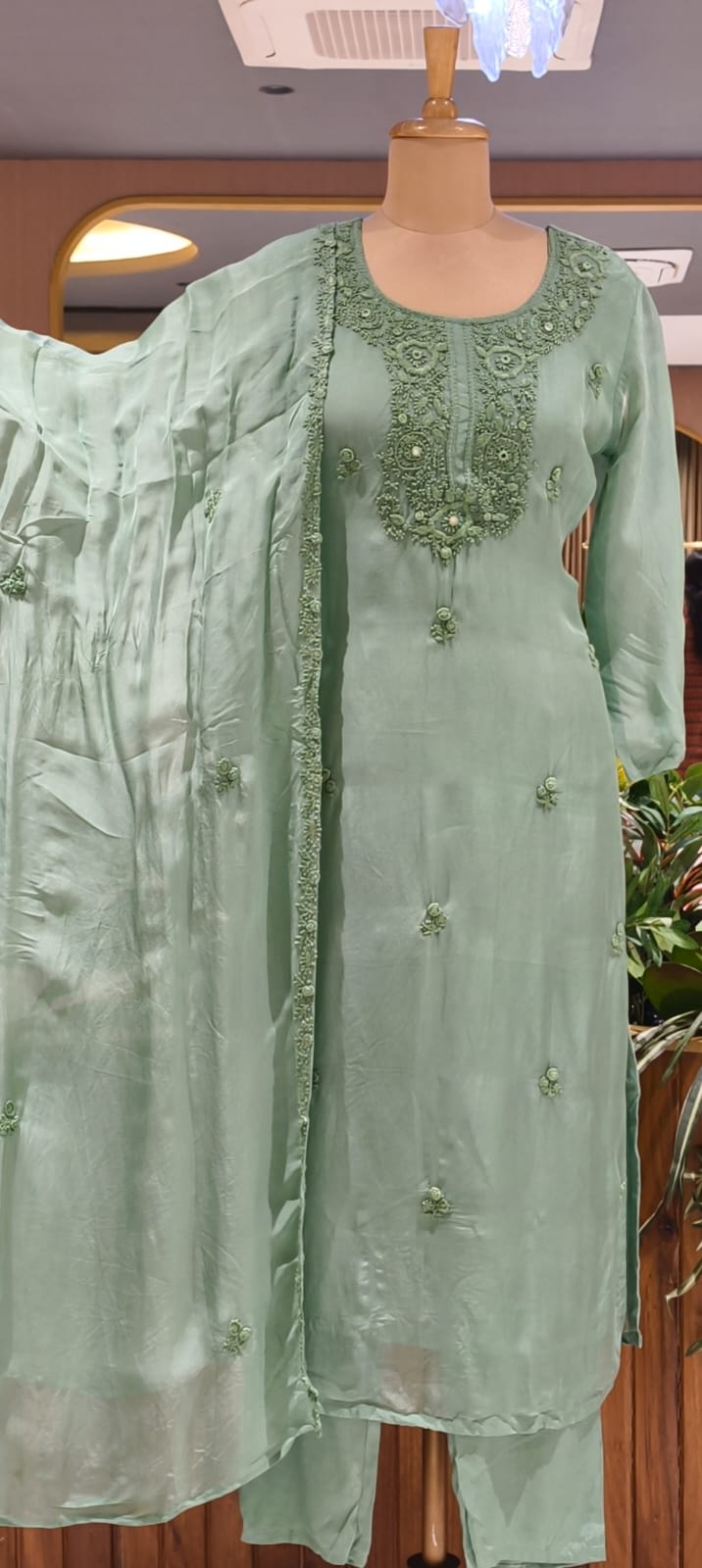 Foil Mirror Detailing Chikankari Embroidered Yoke Solid Organza Full Suit Set With Dupatta- 15376