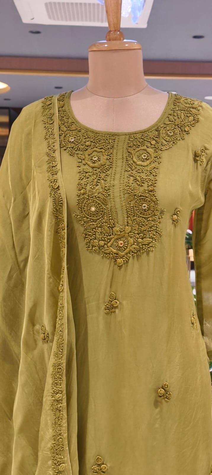 Foil Mirror Detailing Chikankari Embroidered Yoke Solid Organza Full Suit Set With Dupatta- 15376