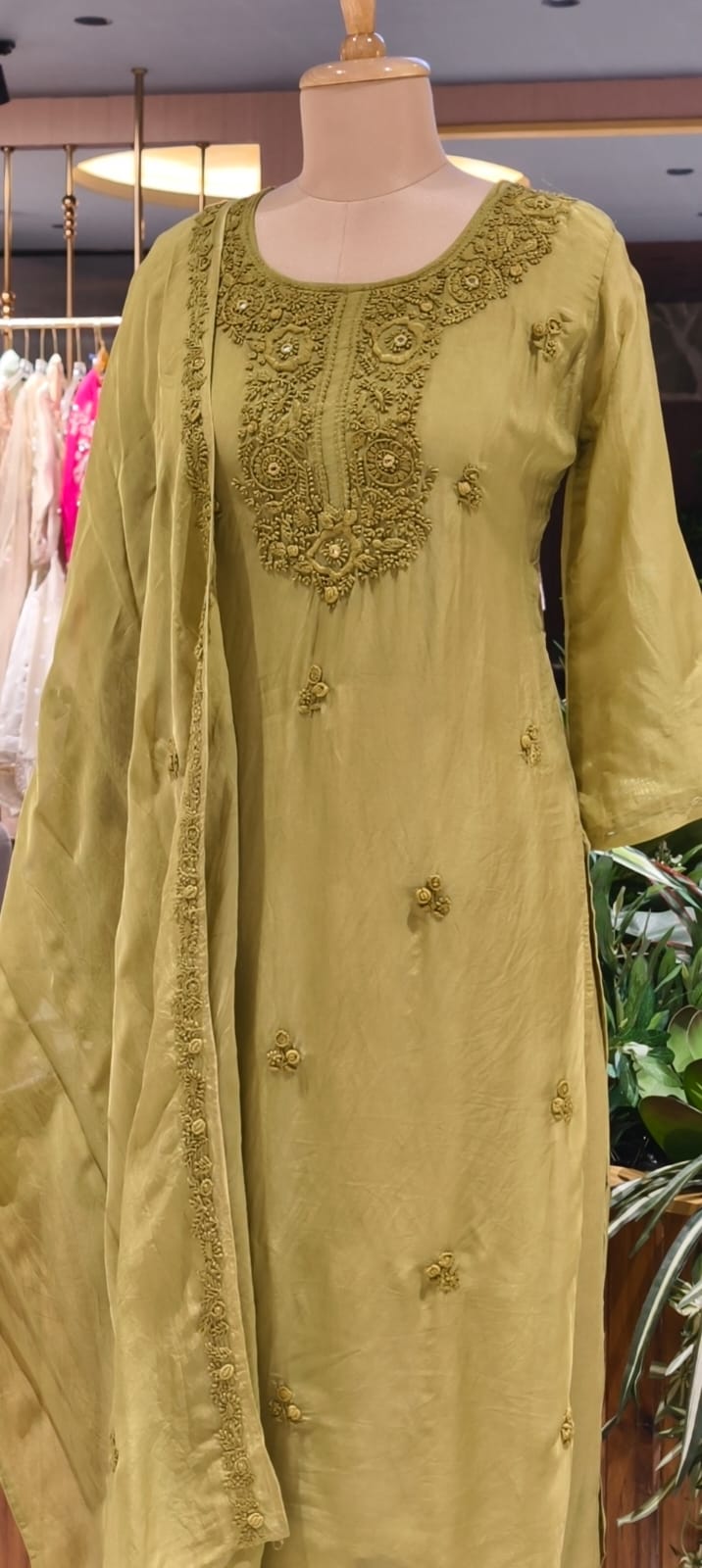 Foil Mirror Detailing Chikankari Embroidered Yoke Solid Organza Full Suit Set With Dupatta- 15376