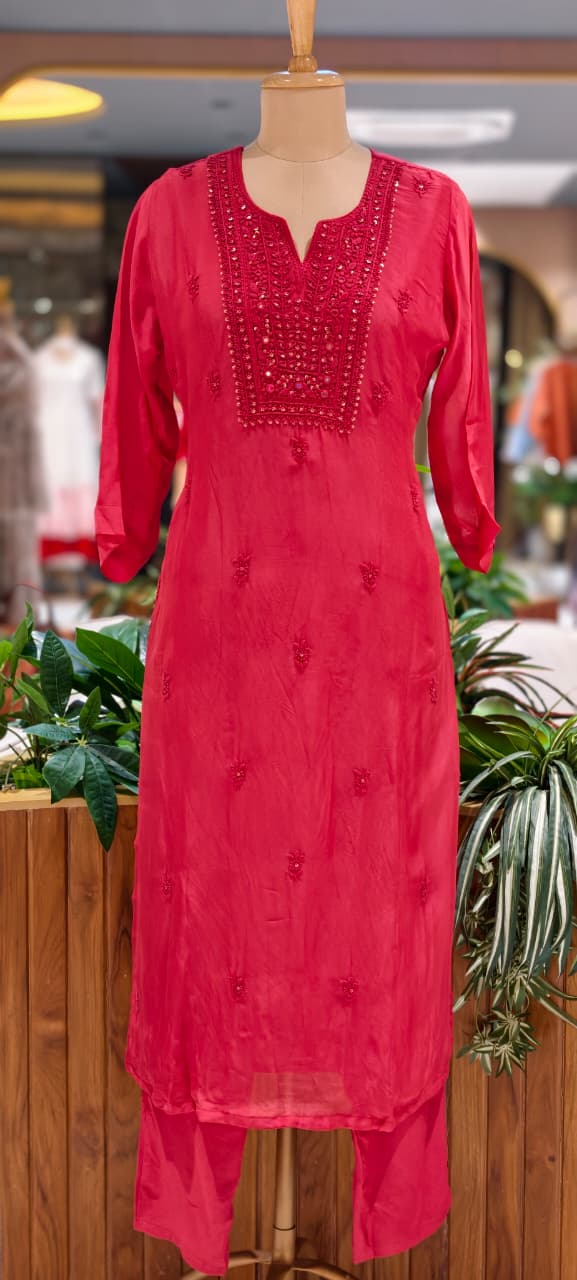 Foil Mirror Detailing Chikankari Embroidered Yoke Solid Organza Full Suit Set With Dupatta- 15376