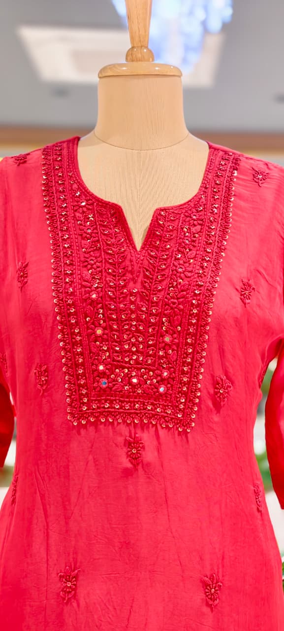 Foil Mirror Detailing Chikankari Embroidered Yoke Solid Organza Full Suit Set With Dupatta- 15376