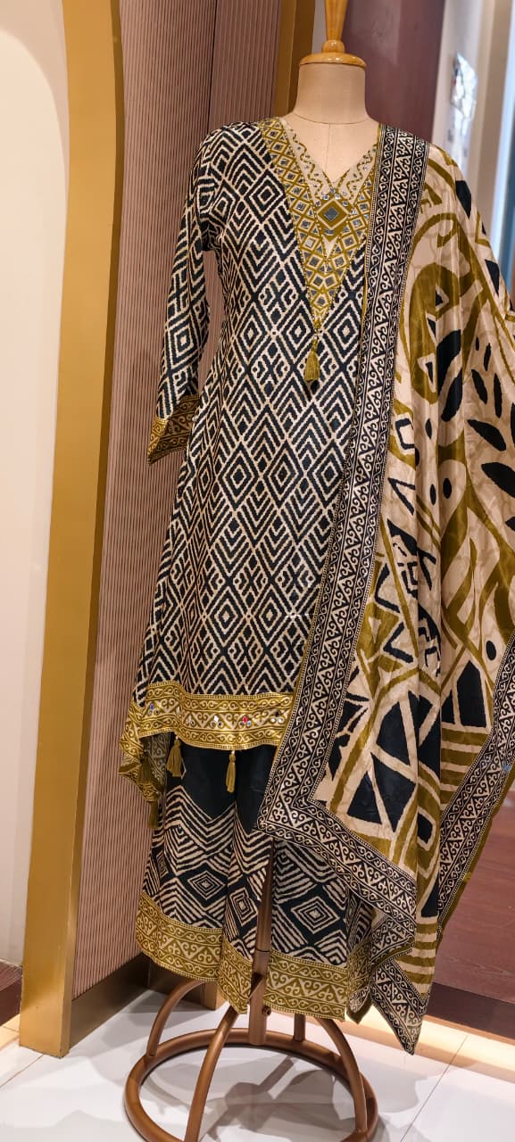 Tribal Inspired Tassel Accent Multi Printed Flowy Crepe Fancy Full Suit Set With Dupatta- 15418, 15419