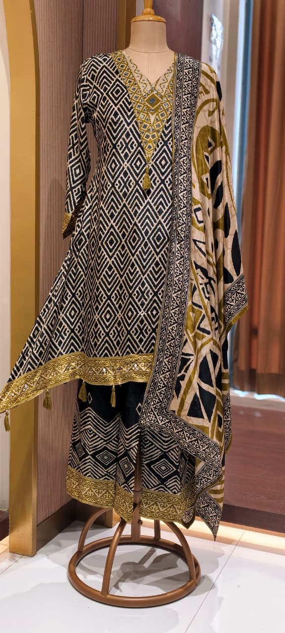 Tribal Inspired Tassel Accent Multi Printed Flowy Crepe Fancy Full Suit Set With Dupatta- 15418, 15419