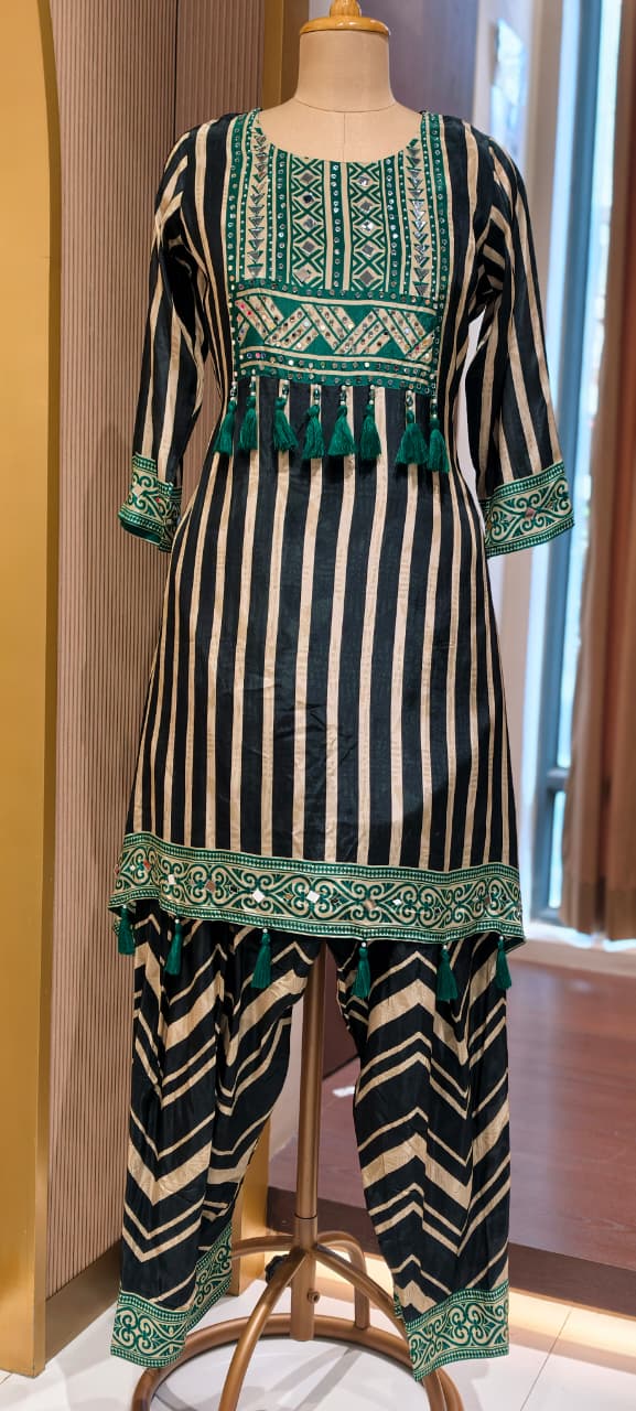 Boho Chich Tribal Inspired Multicolor Print Crepe Full Suit Set With Dupatta- 15417, 15120