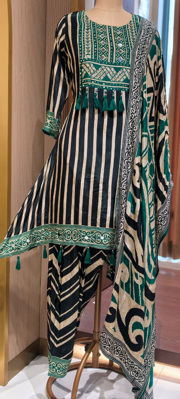 Boho Chich Tribal Inspired Multicolor Print Crepe Full Suit Set With Dupatta- 15417, 15120