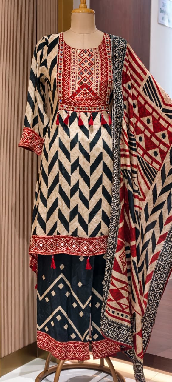 Tribal Inspired Tassel Accent Multi Printed Flowy Crepe Fancy Full Suit Set With Dupatta- 15418, 15419