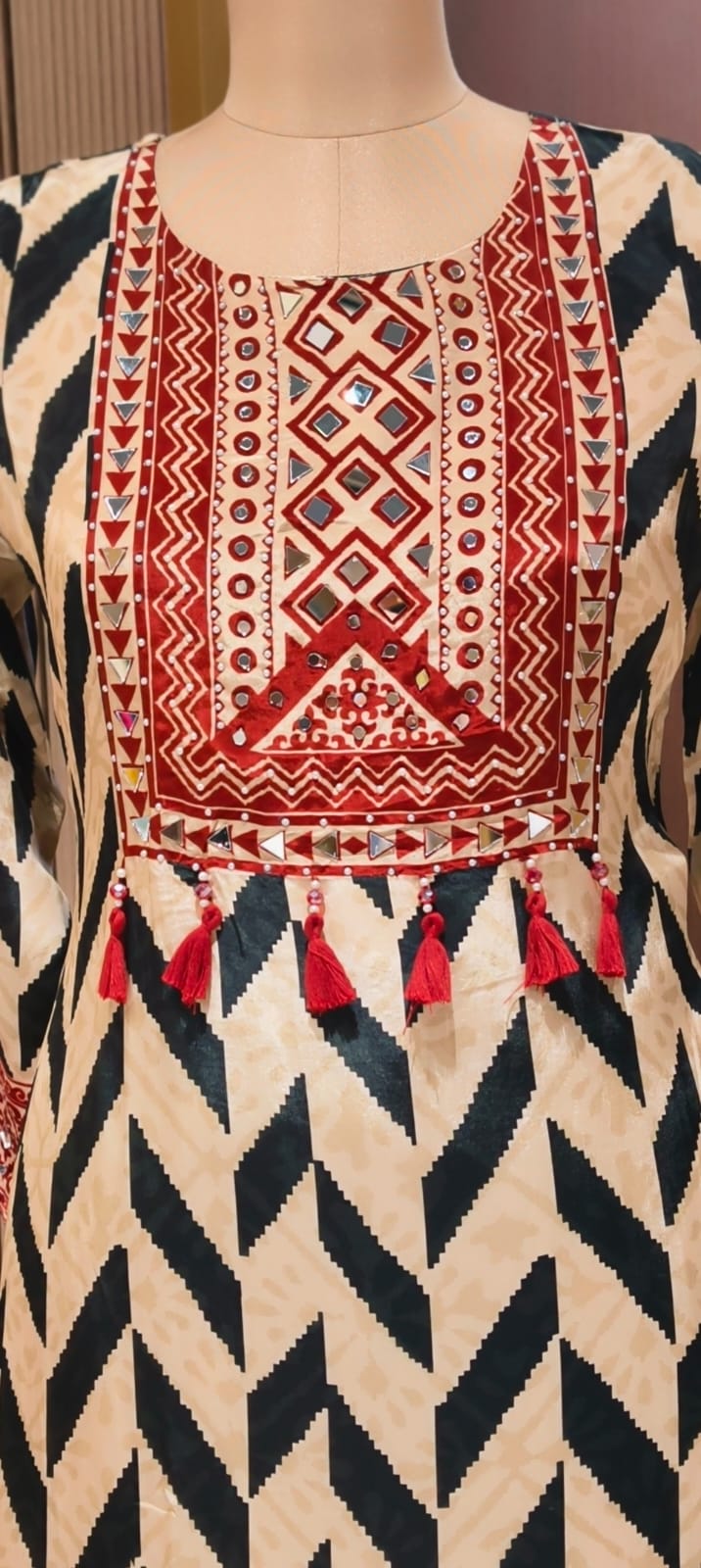 Tribal Inspired Tassel Accent Multi Printed Flowy Crepe Fancy Full Suit Set With Dupatta- 15418, 15419