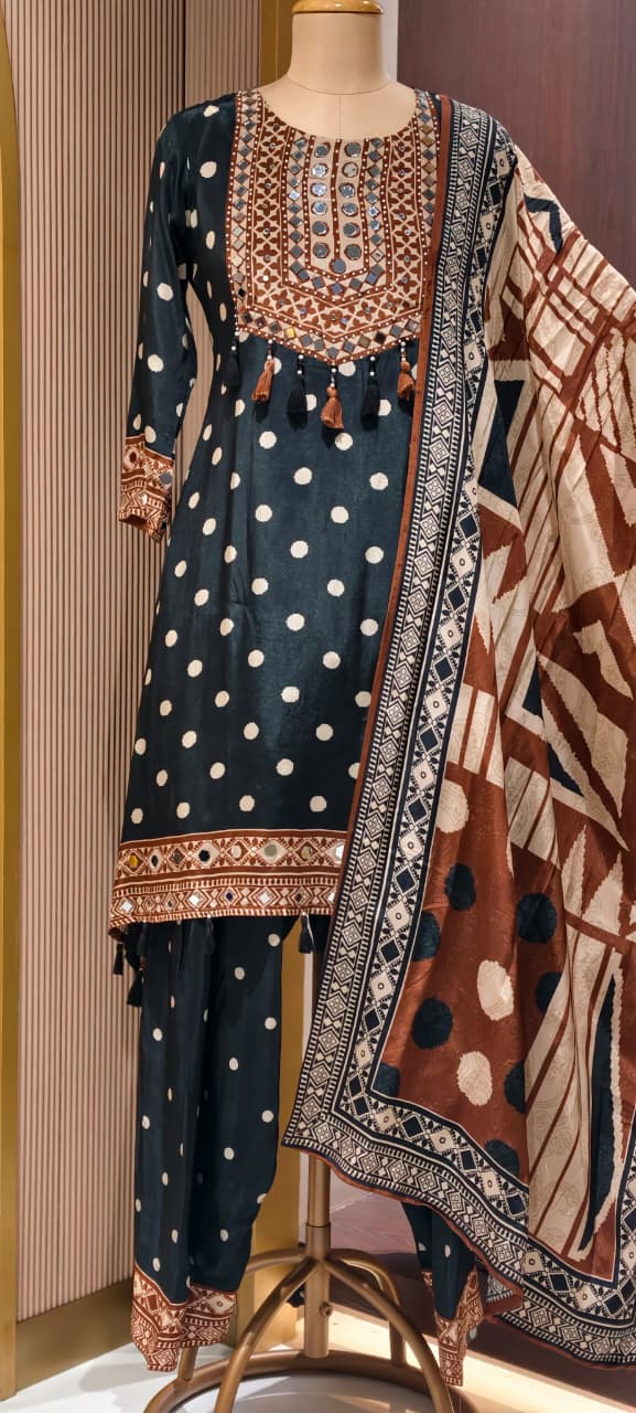 Boho Chich Tribal Inspired Multicolor Print Crepe Full Suit Set With Dupatta- 15417, 15120